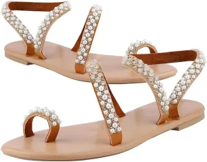 Hbeylia Sandals for Women Wedding,Womens Fashion Rhinestones Floral Pearl Lace Bohemian Jewelry Toe Ring Wedding Flat Sandals Dressy Summer Beach Gladiator Sandals Size 6