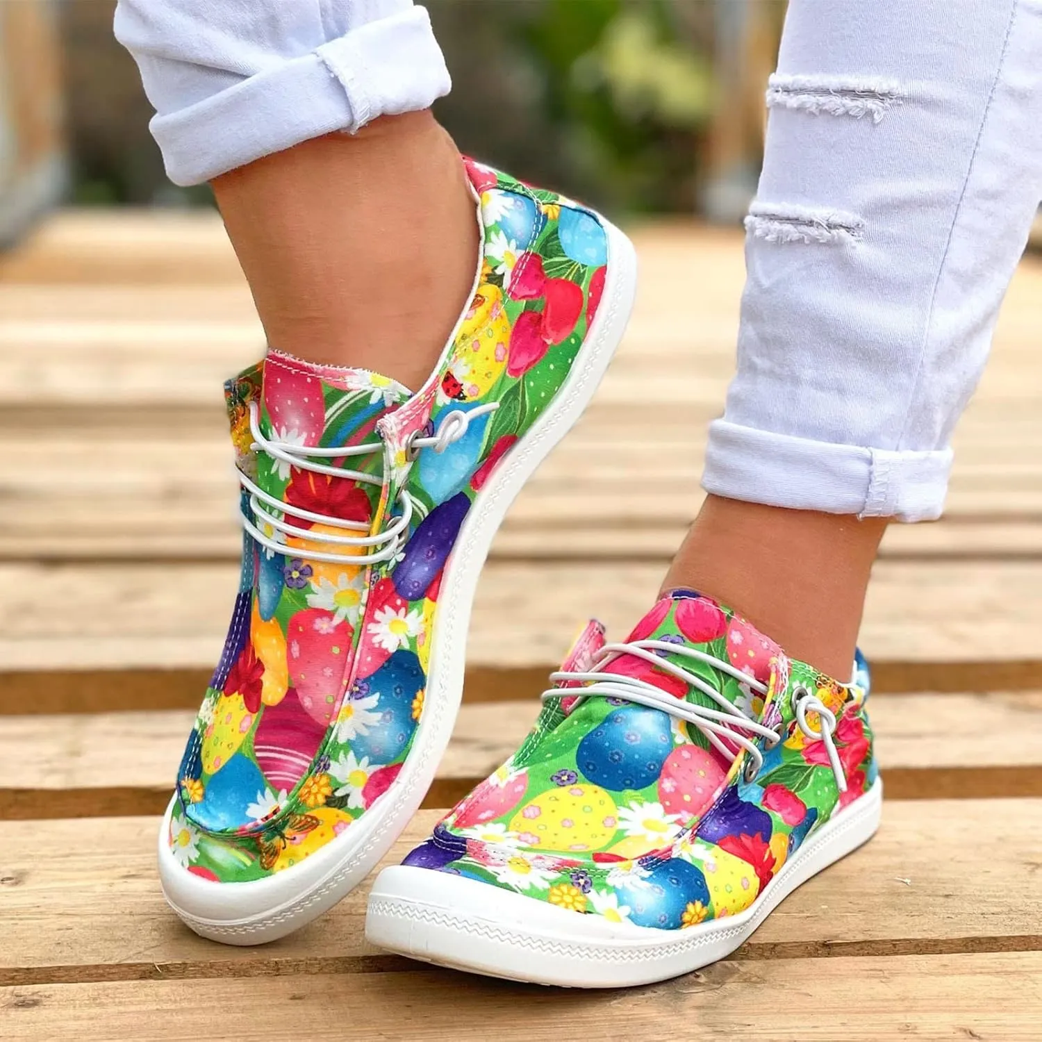 Hbeylia Women Shoes Linen Canvas Slip On Sneakers Lace Up Style Loafers Casual Printed Slip-On Flats Play Sneakers Lightweight Comfortable Sport Walking Shoes Loafers Tenis para Mujeres