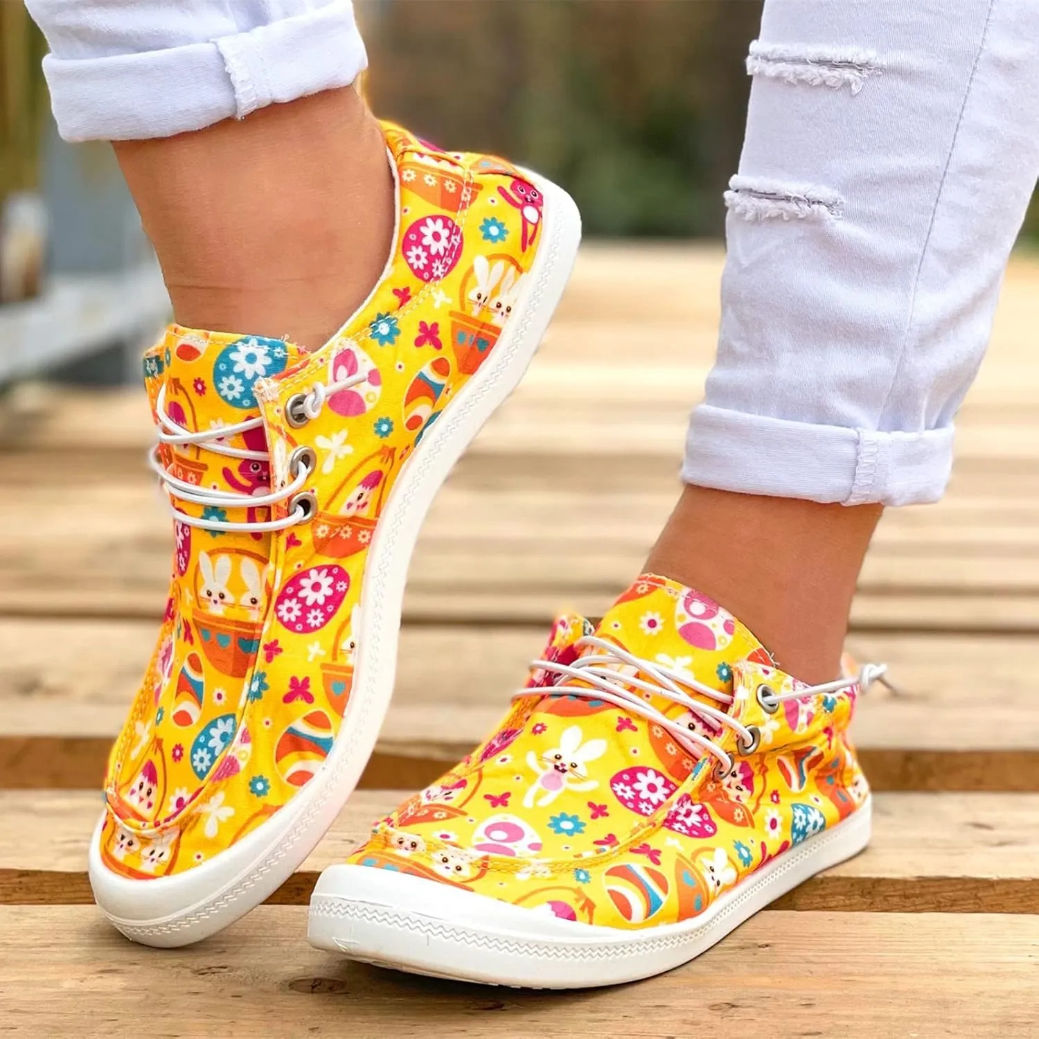 Hbeylia Women Shoes Linen Canvas Slip On Sneakers Lace Up Style Loafers Casual Printed Slip-On Flats Play Sneakers Lightweight Comfortable Sport Walking Shoes Loafers Tenis para Mujeres