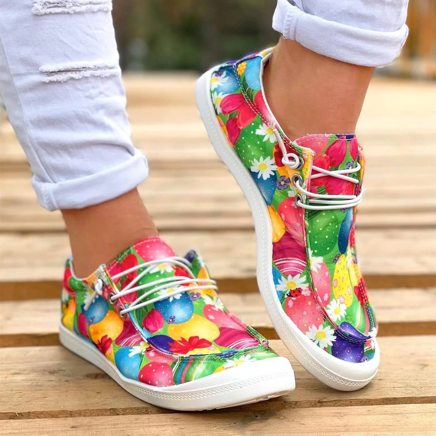 Hbeylia Women Shoes Linen Canvas Slip On Sneakers Lace Up Style Loafers Casual Printed Slip-On Flats Play Sneakers Lightweight Comfortable Sport Walking Shoes Loafers Tenis para Mujeres