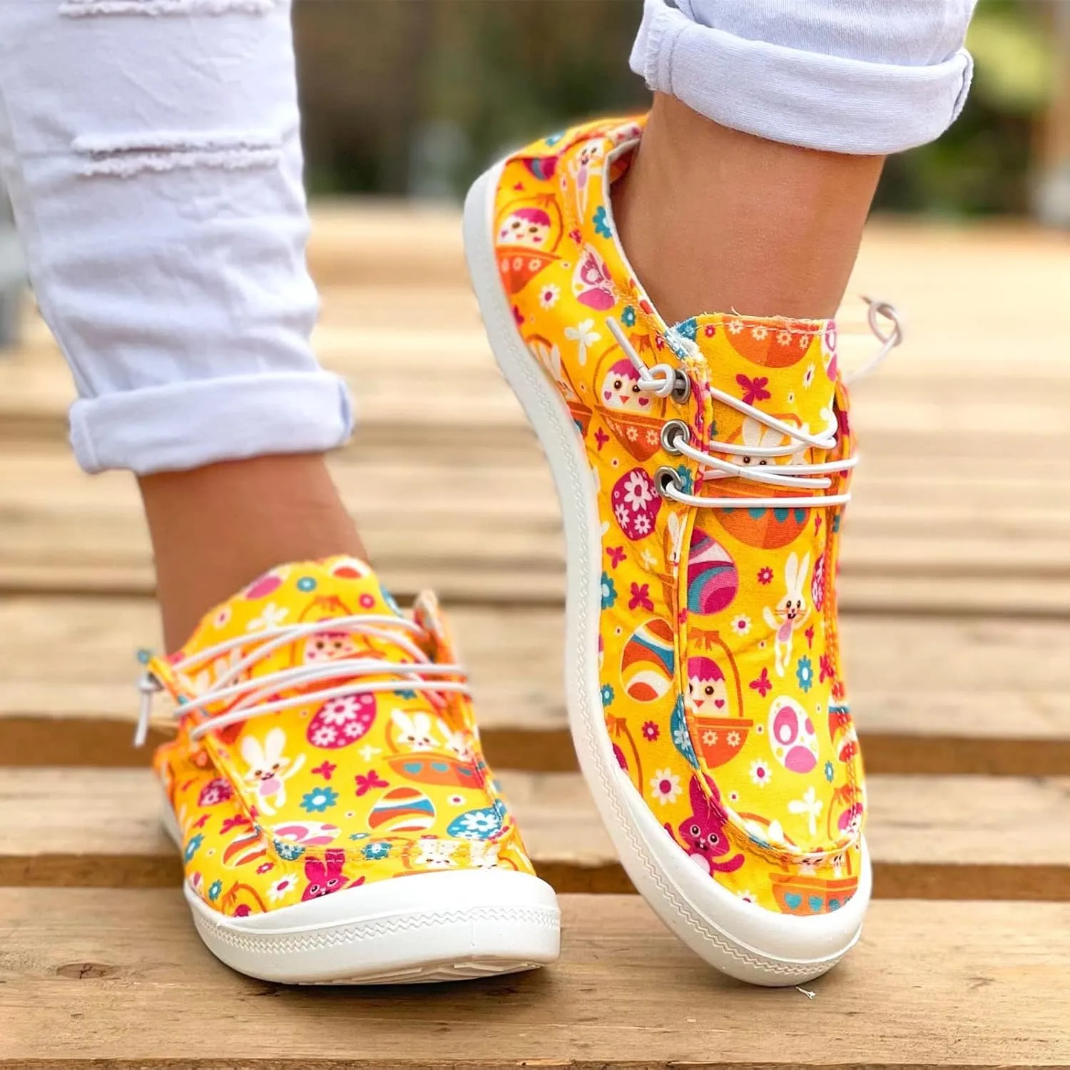 Hbeylia Women Shoes Linen Canvas Slip On Sneakers Lace Up Style Loafers Casual Printed Slip-On Flats Play Sneakers Lightweight Comfortable Sport Walking Shoes Loafers Tenis para Mujeres