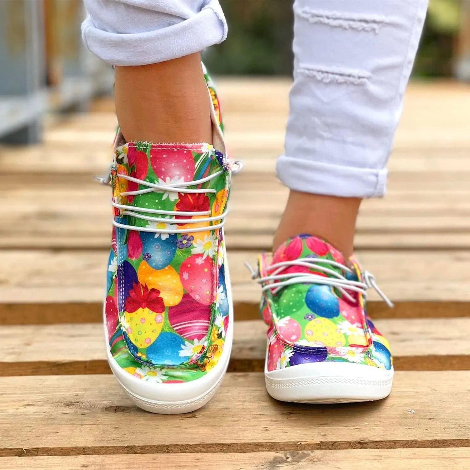 Hbeylia Women Shoes Linen Canvas Slip On Sneakers Lace Up Style Loafers Casual Printed Slip-On Flats Play Sneakers Lightweight Comfortable Sport Walking Shoes Loafers Tenis para Mujeres