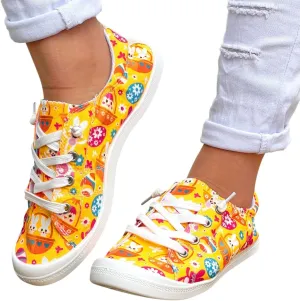 Hbeylia Women’s Canvas Low Top Sneaker Casual Printed Lace ups Canvas Shoes Slip-On Flats Play Sneakers Lightweight Comfortable Sport Walking Shoes Loafers for Women Girls Students
