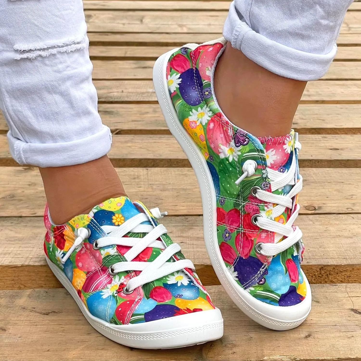 Hbeylia Women’s Canvas Low Top Sneaker Casual Printed Lace ups Canvas Shoes Slip-On Flats Play Sneakers Lightweight Comfortable Sport Walking Shoes Loafers for Women Girls Students