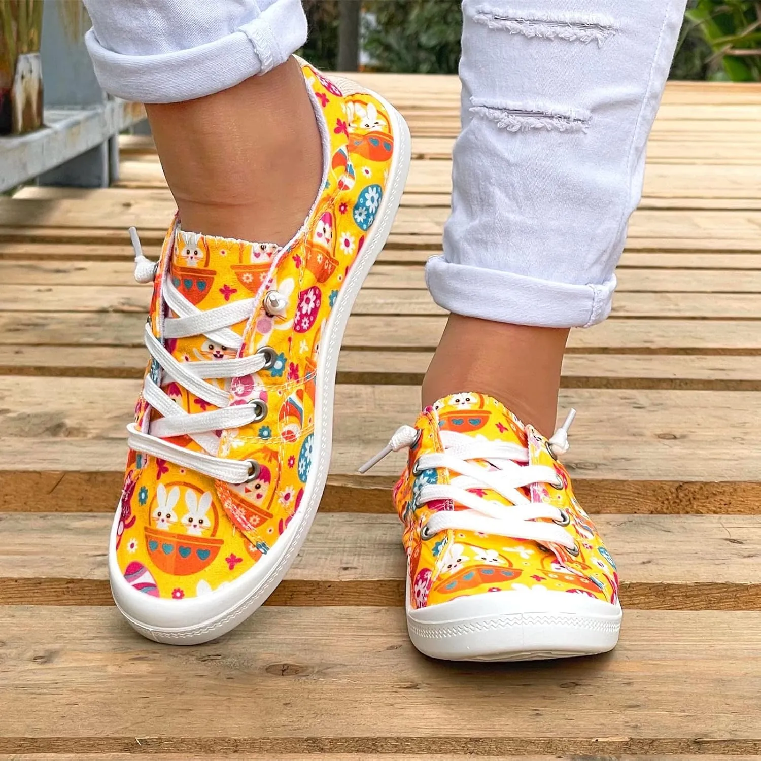Hbeylia Women’s Canvas Low Top Sneaker Casual Printed Lace ups Canvas Shoes Slip-On Flats Play Sneakers Lightweight Comfortable Sport Walking Shoes Loafers for Women Girls Students