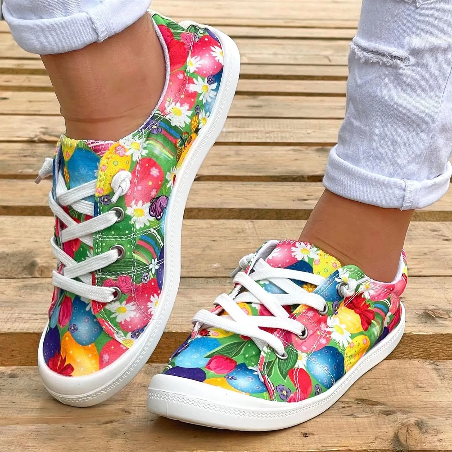 Hbeylia Women’s Canvas Low Top Sneaker Casual Printed Lace ups Canvas Shoes Slip-On Flats Play Sneakers Lightweight Comfortable Sport Walking Shoes Loafers for Women Girls Students