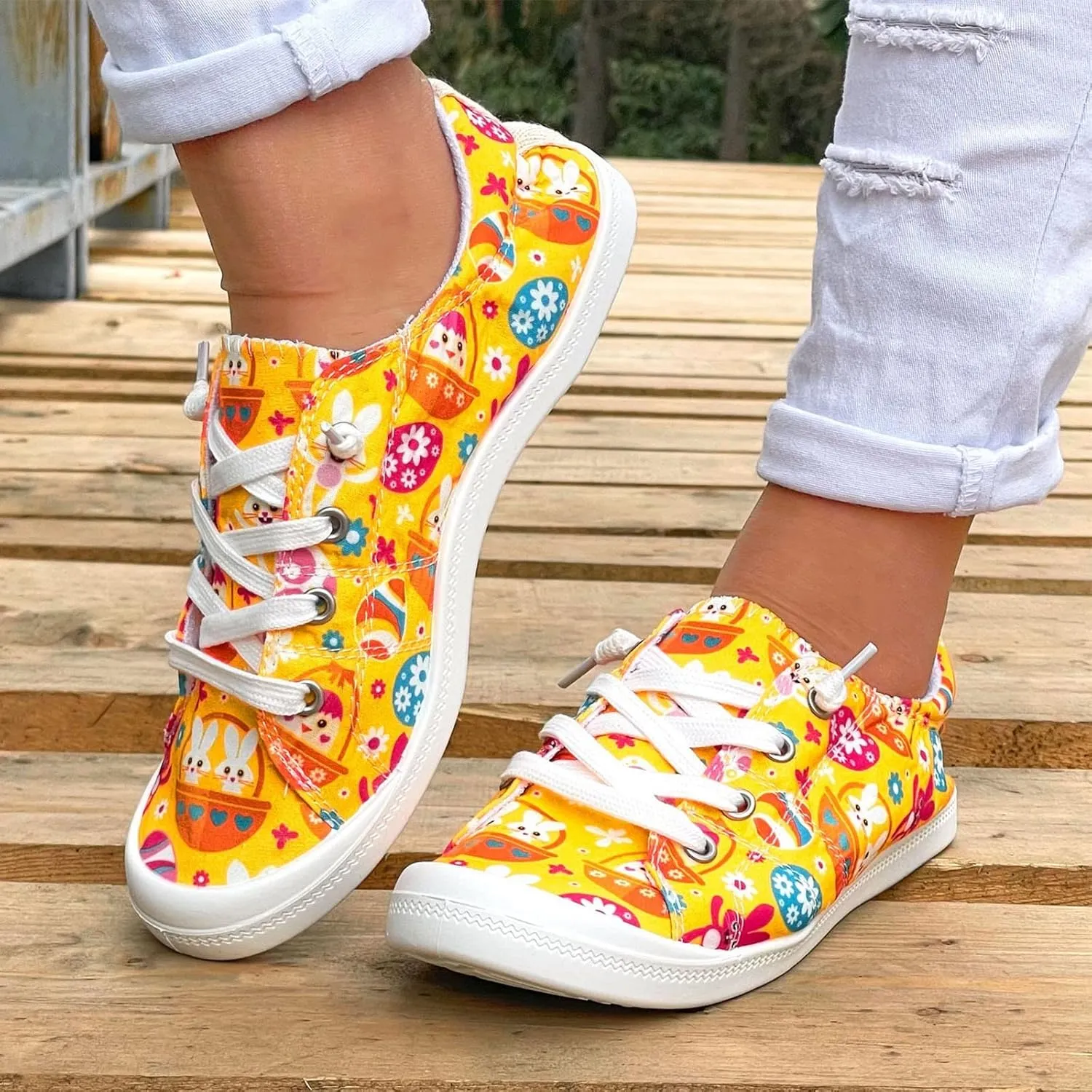 Hbeylia Women’s Canvas Low Top Sneaker Casual Printed Lace ups Canvas Shoes Slip-On Flats Play Sneakers Lightweight Comfortable Sport Walking Shoes Loafers for Women Girls Students