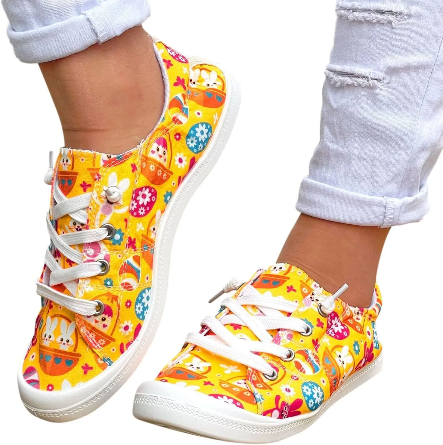 Hbeylia Women’s Canvas Low Top Sneaker Casual Printed Lace ups Canvas Shoes Slip-On Flats Play Sneakers Lightweight Comfortable Sport Walking Shoes Loafers for Women Girls Students