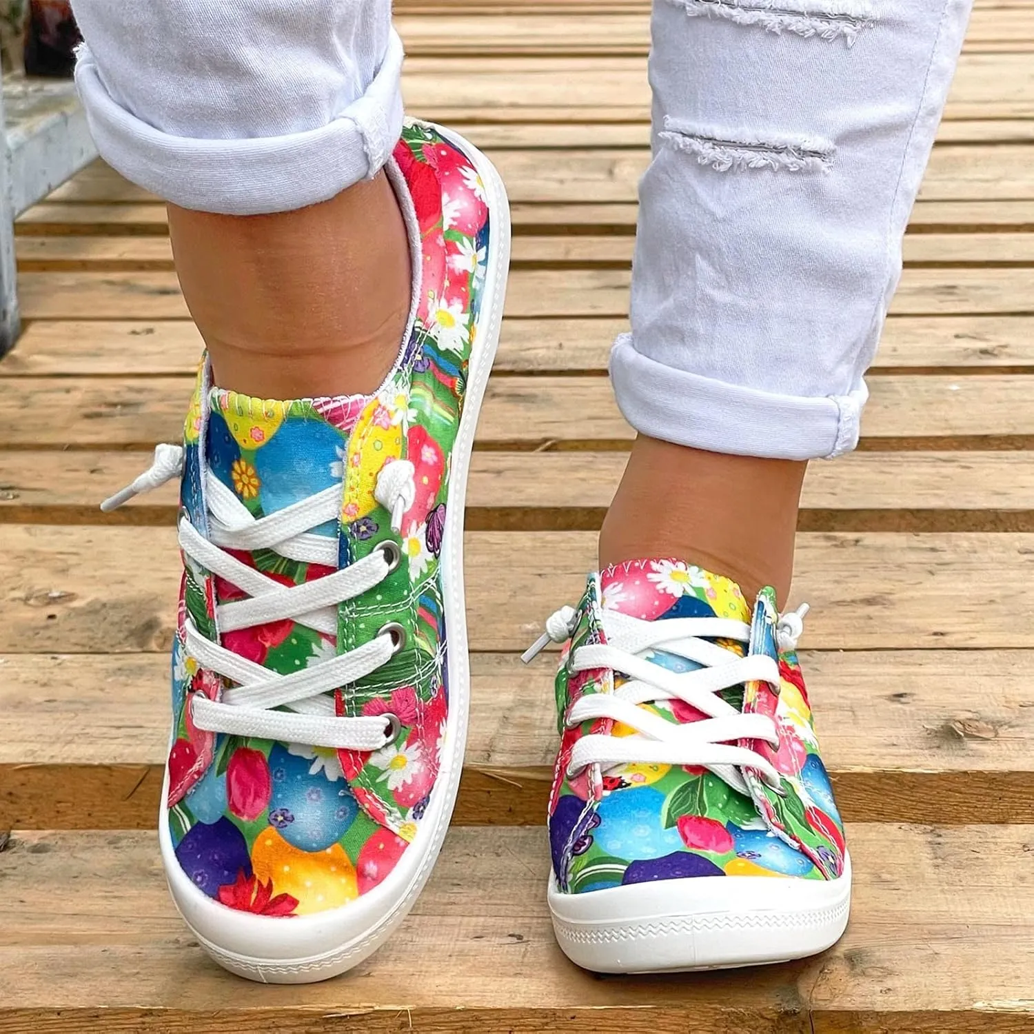 Hbeylia Women’s Canvas Low Top Sneaker Casual Printed Lace ups Canvas Shoes Slip-On Flats Play Sneakers Lightweight Comfortable Sport Walking Shoes Loafers for Women Girls Students