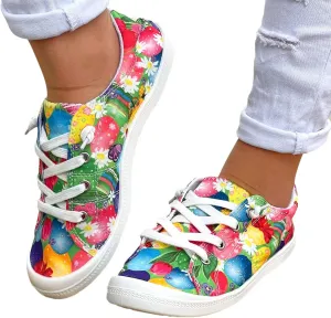 Hbeylia Women’s Canvas Low Top Sneaker Casual Printed Lace ups Canvas Shoes Slip-On Flats Play Sneakers Lightweight Comfortable Sport Walking Shoes Loafers for Women Girls Students