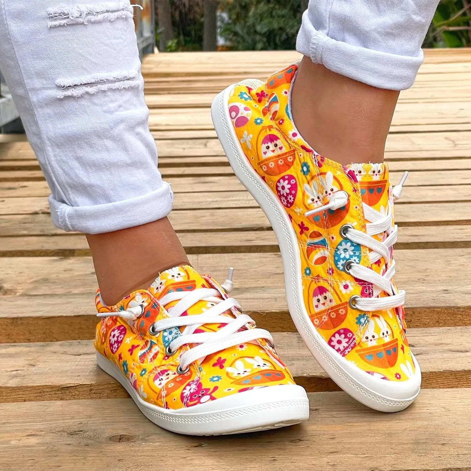 Hbeylia Women’s Canvas Low Top Sneaker Casual Printed Lace ups Canvas Shoes Slip-On Flats Play Sneakers Lightweight Comfortable Sport Walking Shoes Loafers for Women Girls Students
