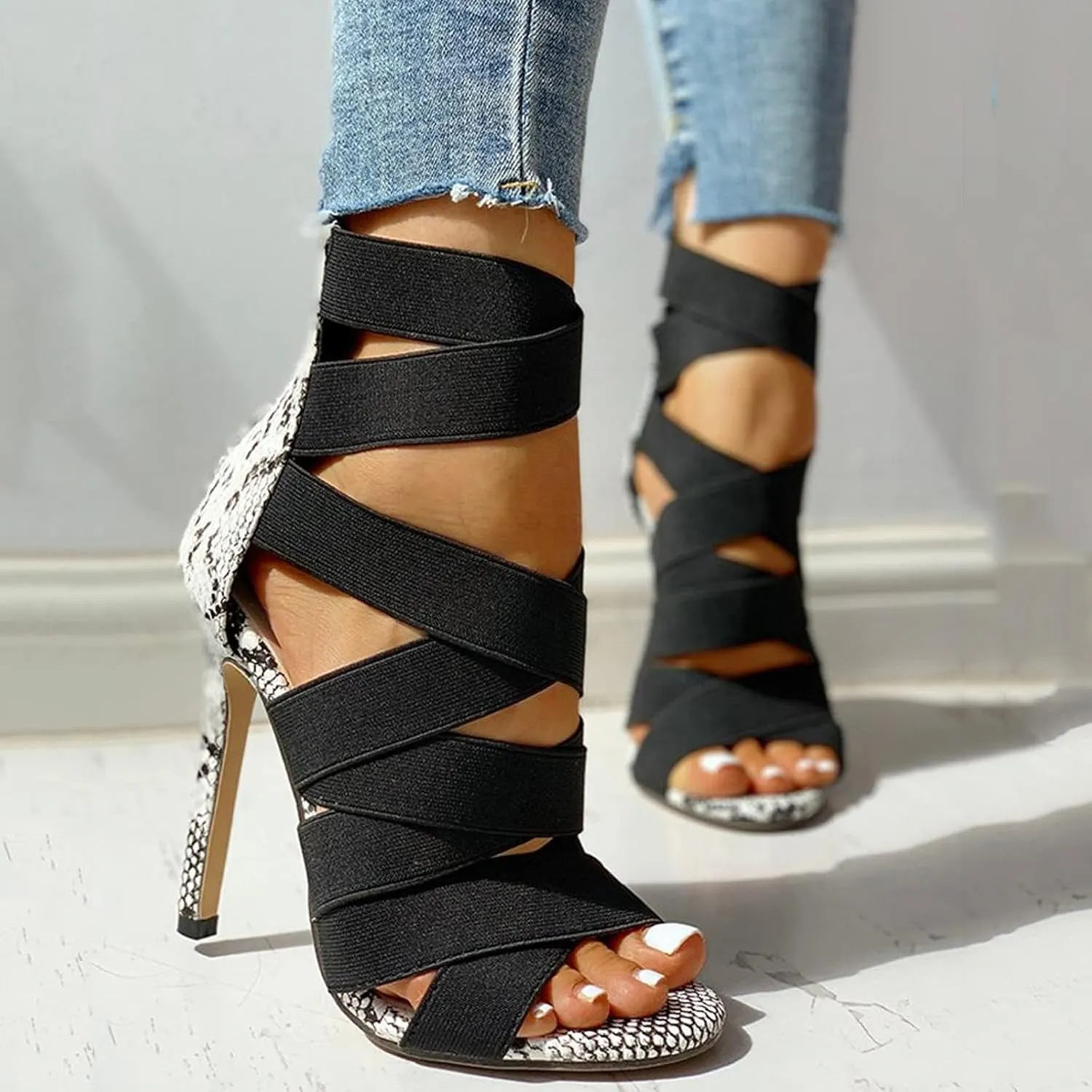 Hbeylia Women's Elastic Crisscross Strap Stiletto High Heels Sandals with Back Zipper Summer Peep Toe Patchwork Color Blocking Sexy Dressy Shoes Cute Strappy Shoes for Wedding Party Club