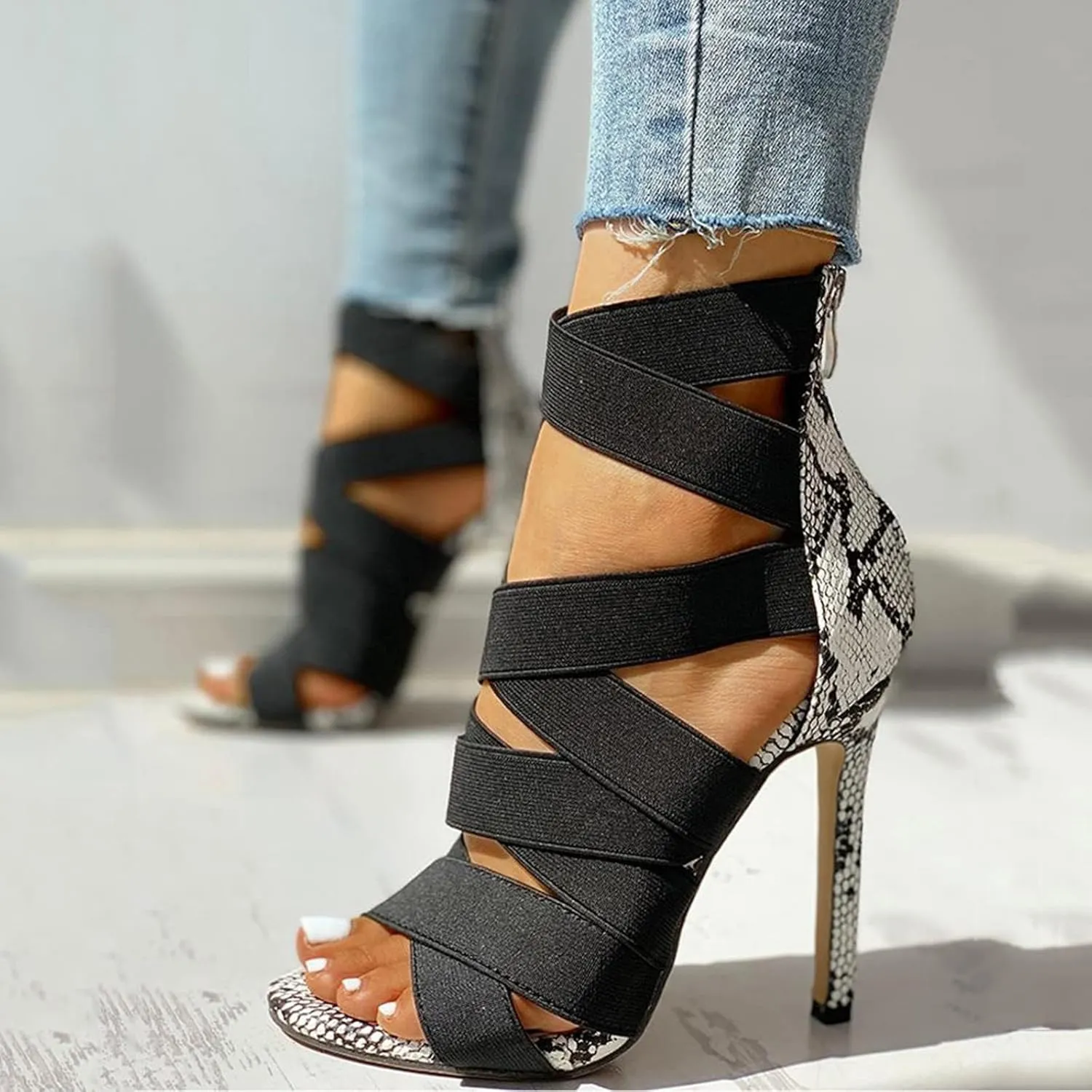 Hbeylia Women's Elastic Crisscross Strap Stiletto High Heels Sandals with Back Zipper Summer Peep Toe Patchwork Color Blocking Sexy Dressy Shoes Cute Strappy Shoes for Wedding Party Club