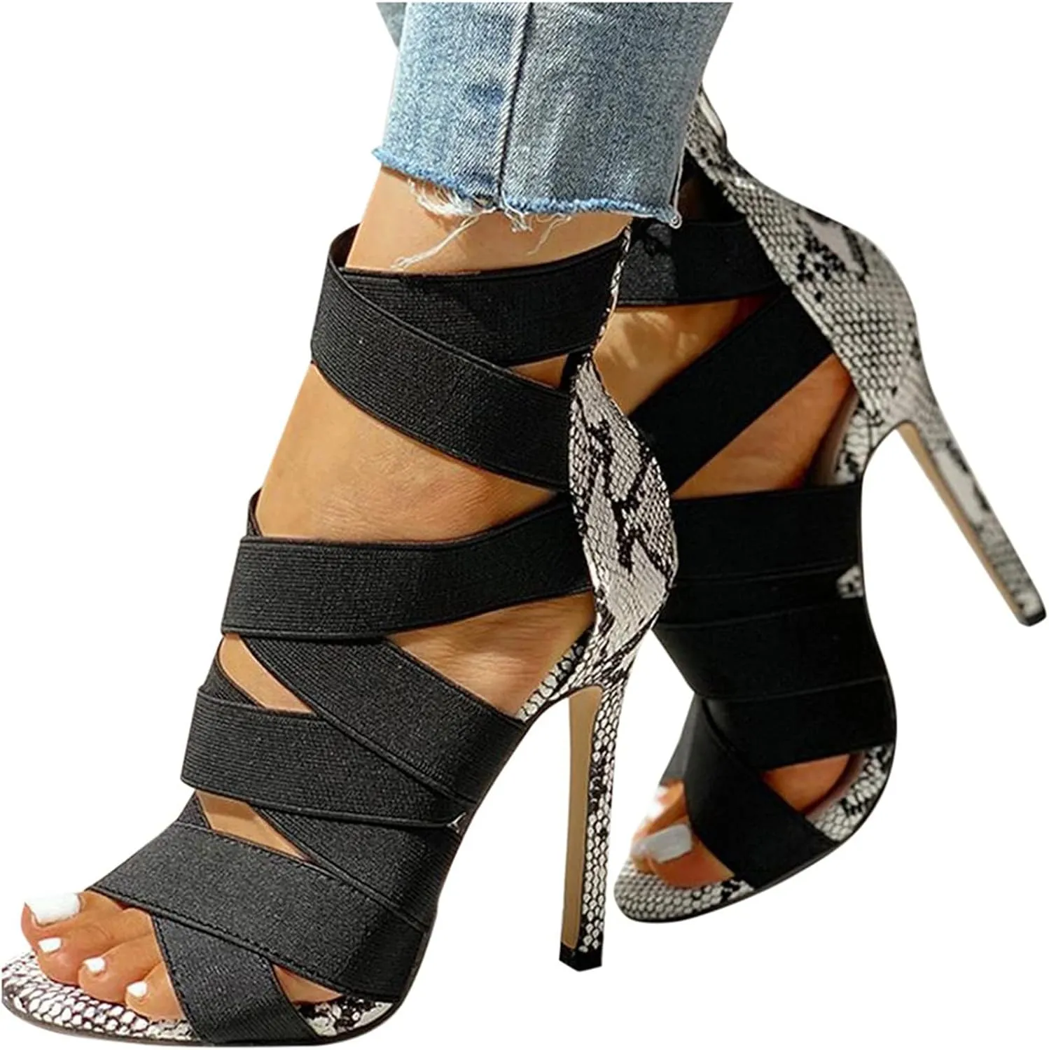 Hbeylia Women's Elastic Crisscross Strap Stiletto High Heels Sandals with Back Zipper Summer Peep Toe Patchwork Color Blocking Sexy Dressy Shoes Cute Strappy Shoes for Wedding Party Club