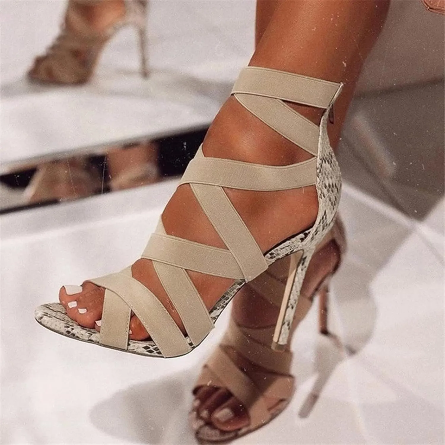 Hbeylia Women's Elastic Crisscross Strap Stiletto High Heels Sandals with Back Zipper Summer Peep Toe Patchwork Color Blocking Sexy Dressy Shoes Cute Strappy Shoes for Wedding Party Club