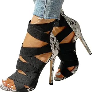 Hbeylia Women's Elastic Crisscross Strap Stiletto High Heels Sandals with Back Zipper Summer Peep Toe Patchwork Color Blocking Sexy Dressy Shoes Cute Strappy Shoes for Wedding Party Club