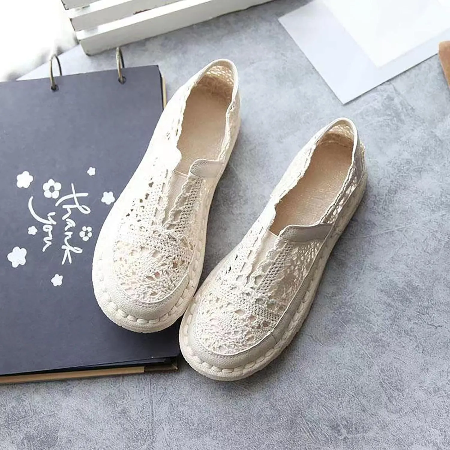 Hbeylia Womens Espadrilles Linen Lace Loafers Fashion Casual Flat Bottom Sneakers for Women Girls Breathable Slip On Low Top Hollow Out Canvas Walking Shoes Loafers