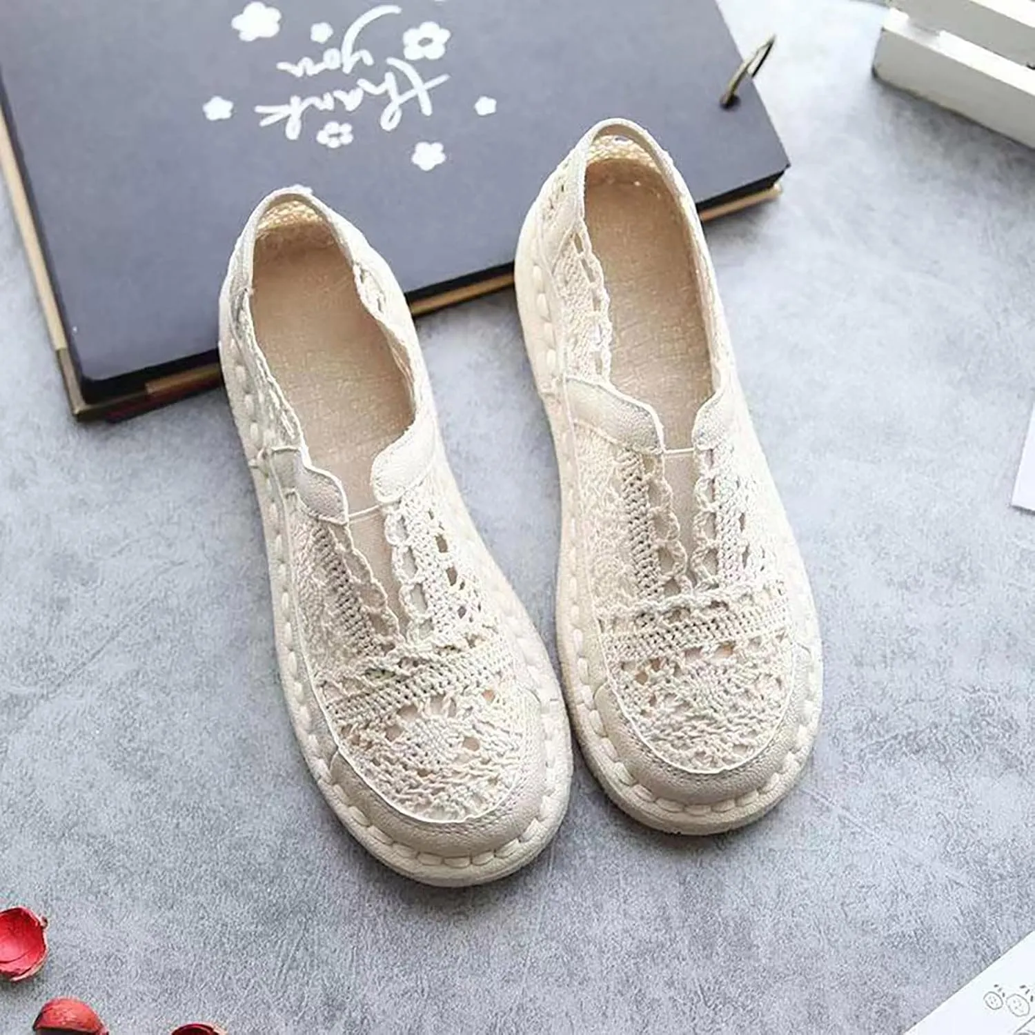 Hbeylia Womens Espadrilles Linen Lace Loafers Fashion Casual Flat Bottom Sneakers for Women Girls Breathable Slip On Low Top Hollow Out Canvas Walking Shoes Loafers