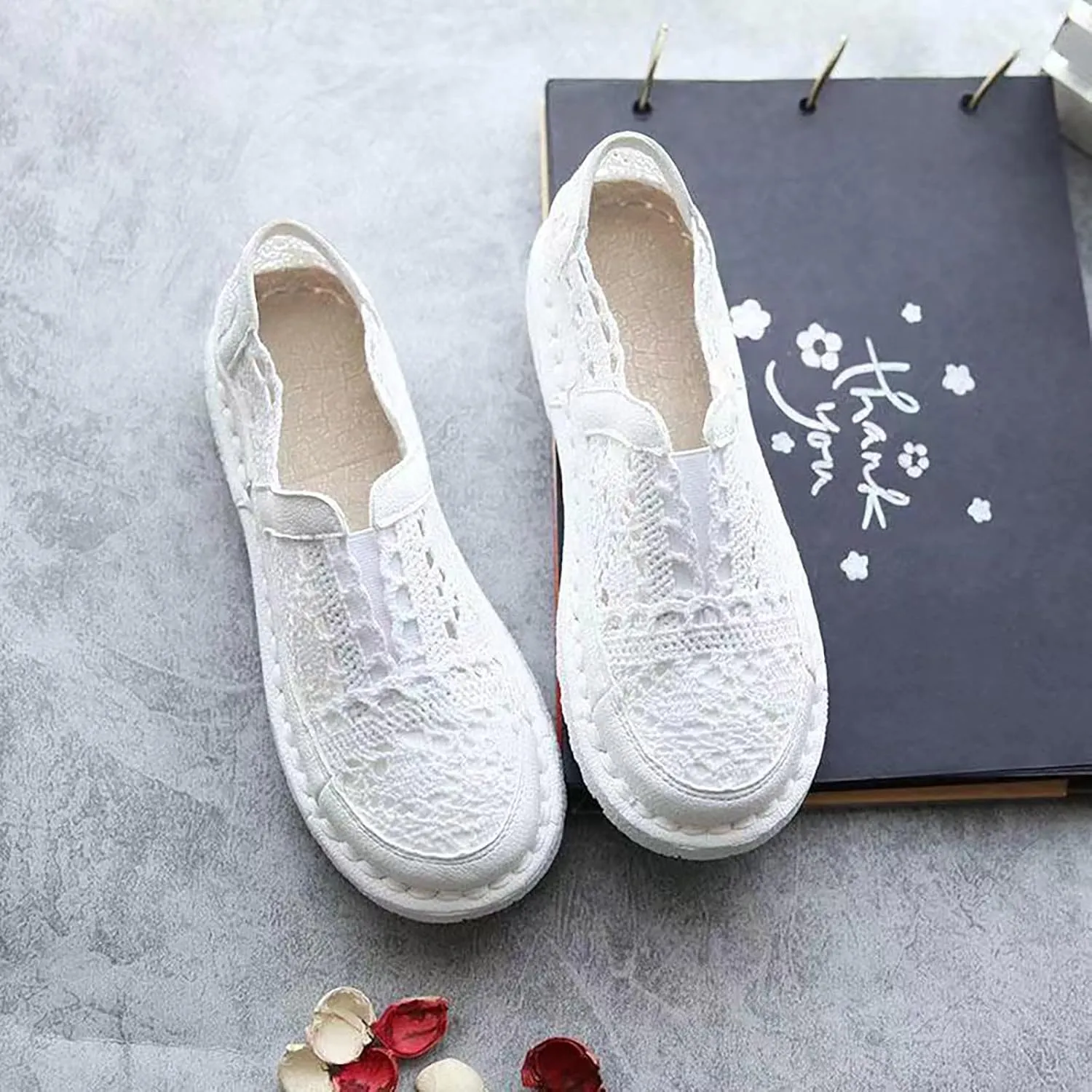 Hbeylia Womens Espadrilles Linen Lace Loafers Fashion Casual Flat Bottom Sneakers for Women Girls Breathable Slip On Low Top Hollow Out Canvas Walking Shoes Loafers