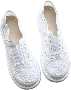 Hbeylia Womens Espadrilles Linen Lace Loafers Fashion Casual Flat Bottom Sneakers for Women Girls Breathable Slip On Low Top Hollow Out Canvas Walking Shoes Loafers