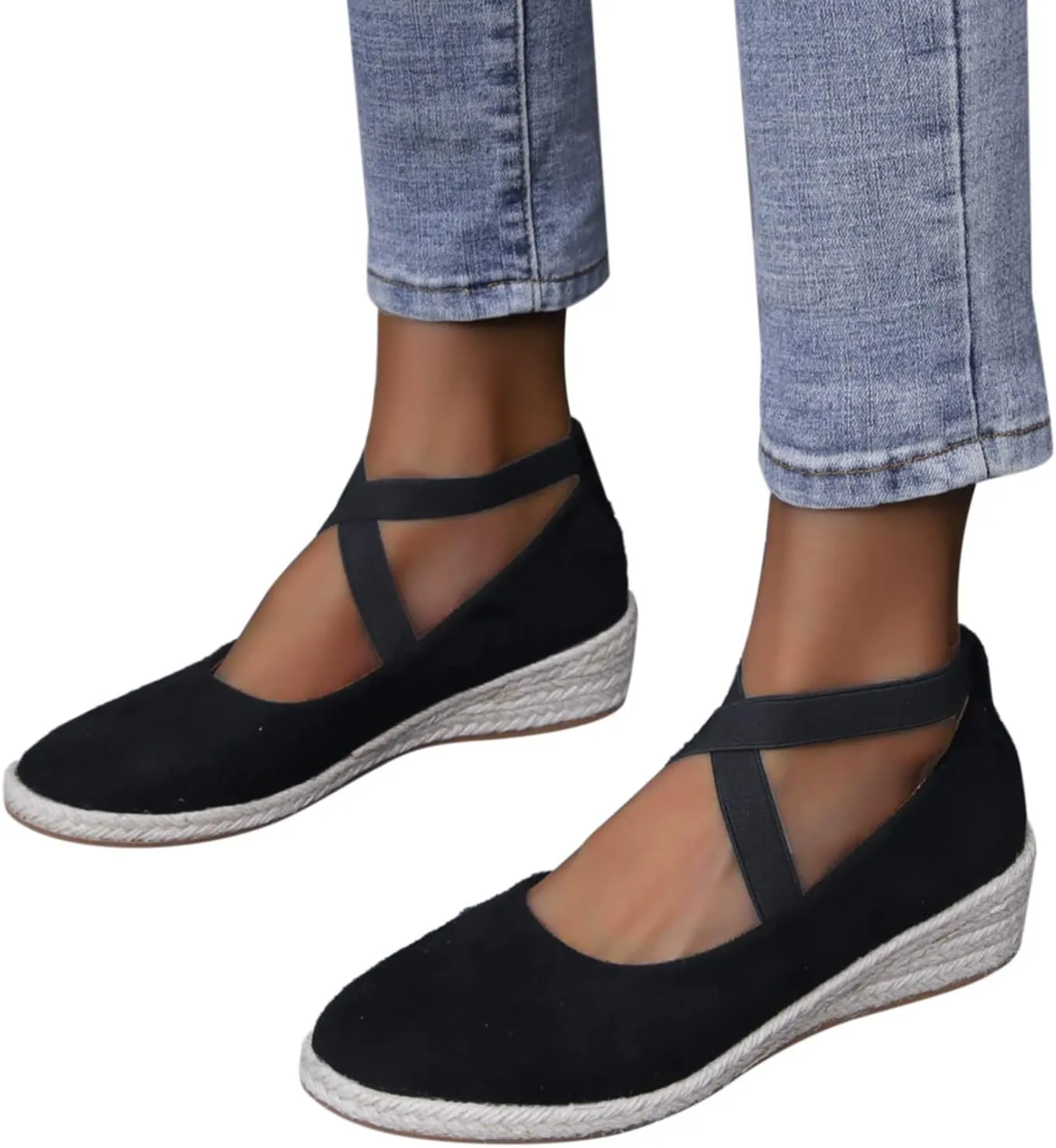 Hbeylia Womens Platform Espadrilles Wedge Loafers Cross Ankle Strap Slip On Solid Color Closed Round Toe Comfortable Wedge Pumps Shoes Leisure Driving Walking Shoes for Ladies
