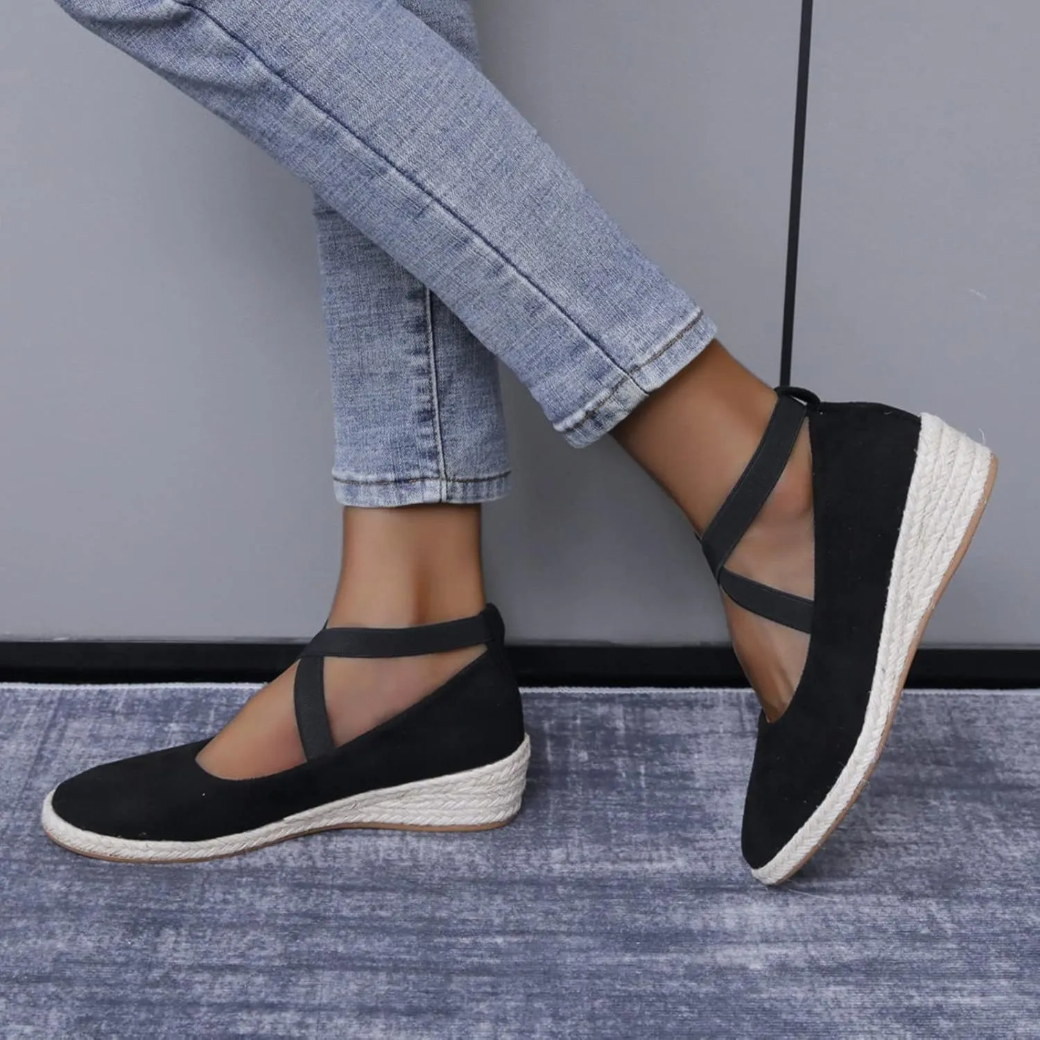 Hbeylia Womens Platform Espadrilles Wedge Loafers Cross Ankle Strap Slip On Solid Color Closed Round Toe Comfortable Wedge Pumps Shoes Leisure Driving Walking Shoes for Ladies