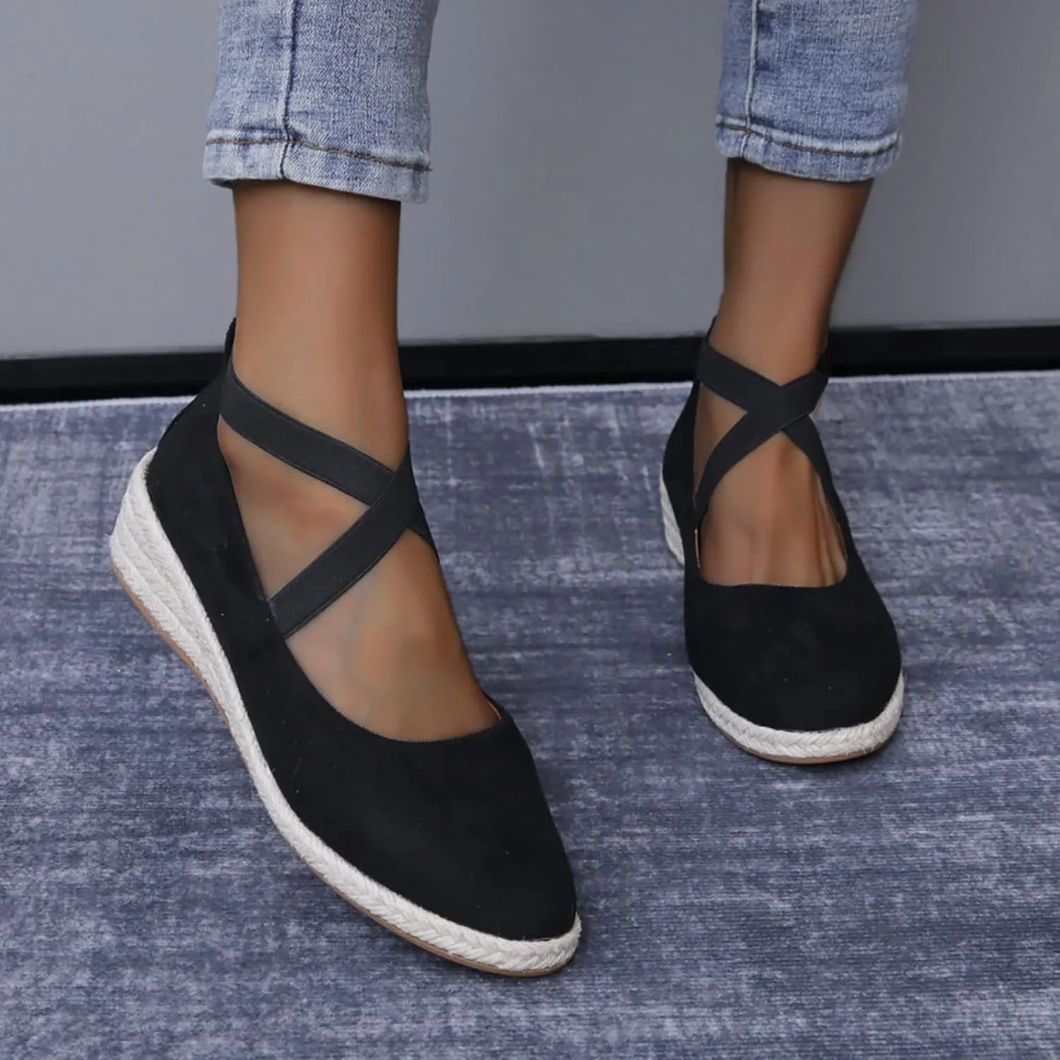 Hbeylia Womens Platform Espadrilles Wedge Loafers Cross Ankle Strap Slip On Solid Color Closed Round Toe Comfortable Wedge Pumps Shoes Leisure Driving Walking Shoes for Ladies