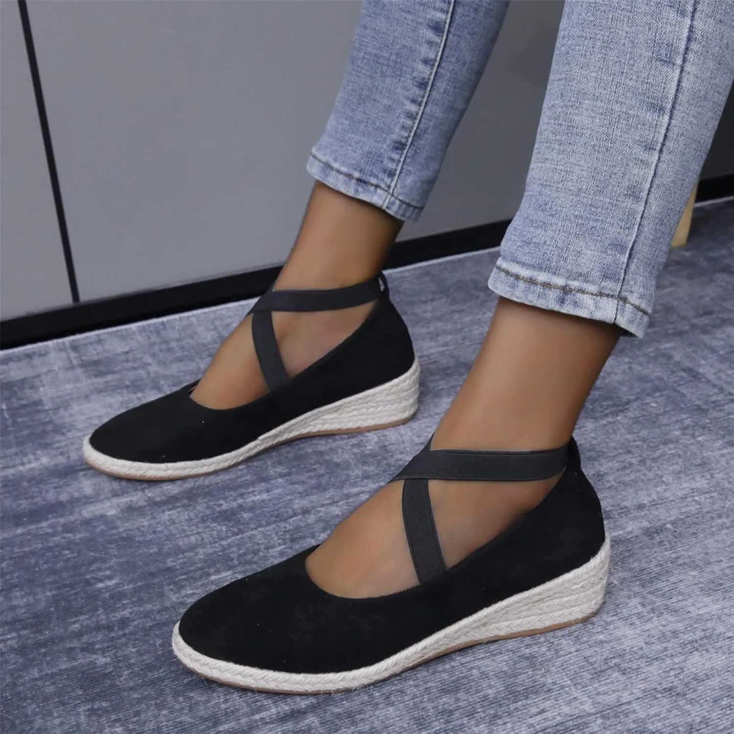 Hbeylia Womens Platform Espadrilles Wedge Loafers Cross Ankle Strap Slip On Solid Color Closed Round Toe Comfortable Wedge Pumps Shoes Leisure Driving Walking Shoes for Ladies