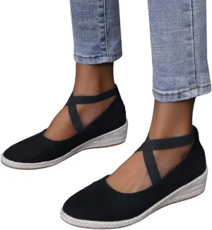 Hbeylia Womens Platform Espadrilles Wedge Loafers Cross Ankle Strap Slip On Solid Color Closed Round Toe Comfortable Wedge Pumps Shoes Leisure Driving Walking Shoes for Ladies