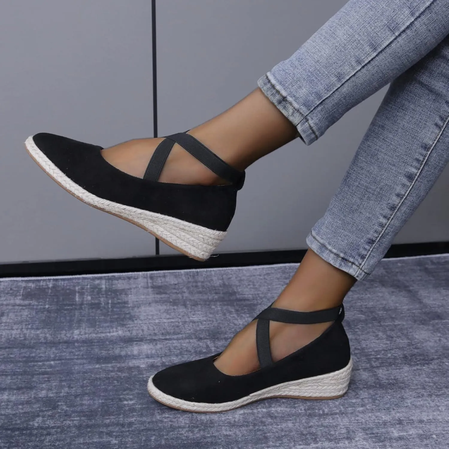 Hbeylia Womens Platform Espadrilles Wedge Loafers Cross Ankle Strap Slip On Solid Color Closed Round Toe Comfortable Wedge Pumps Shoes Leisure Driving Walking Shoes for Ladies