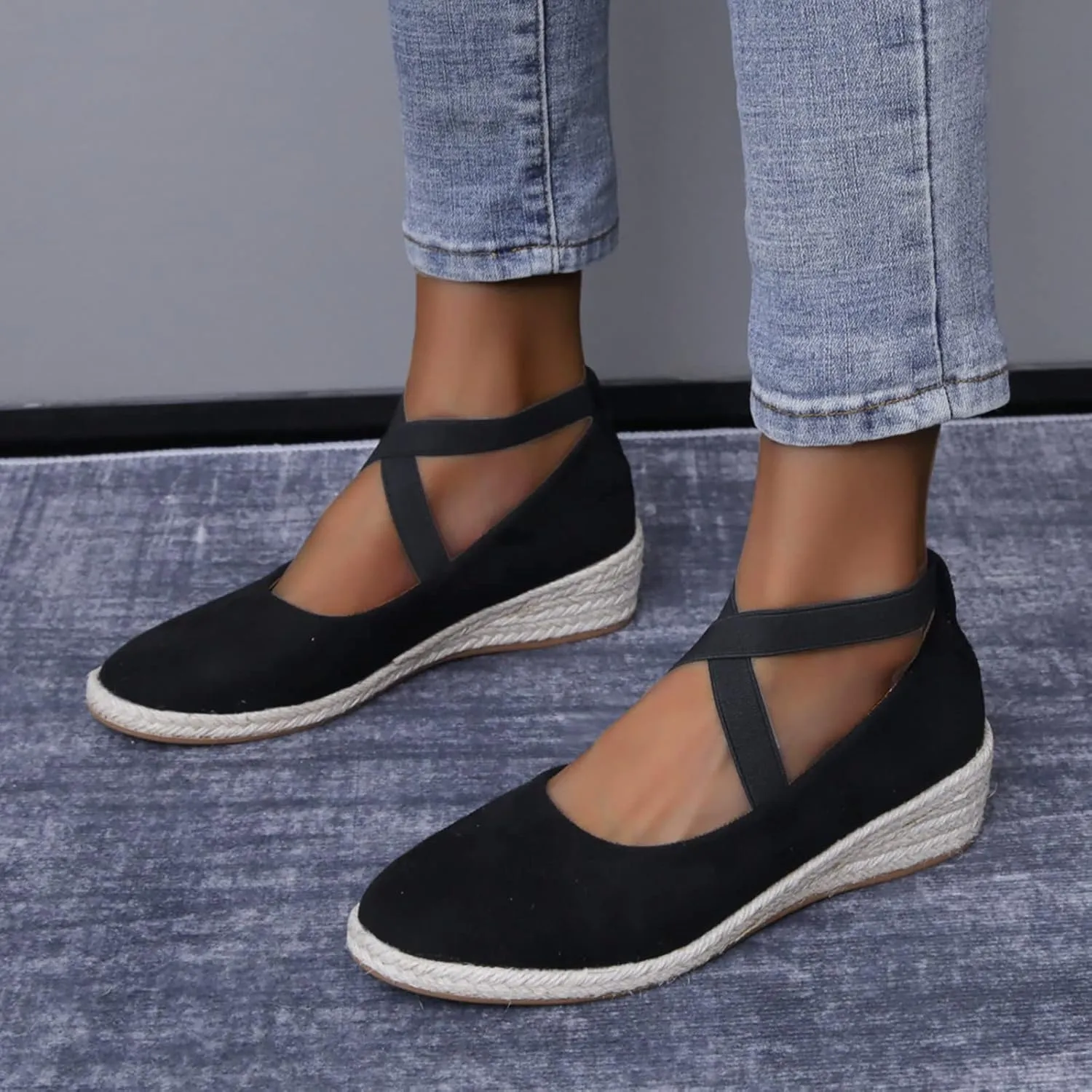 Hbeylia Womens Platform Espadrilles Wedge Loafers Cross Ankle Strap Slip On Solid Color Closed Round Toe Comfortable Wedge Pumps Shoes Leisure Driving Walking Shoes for Ladies