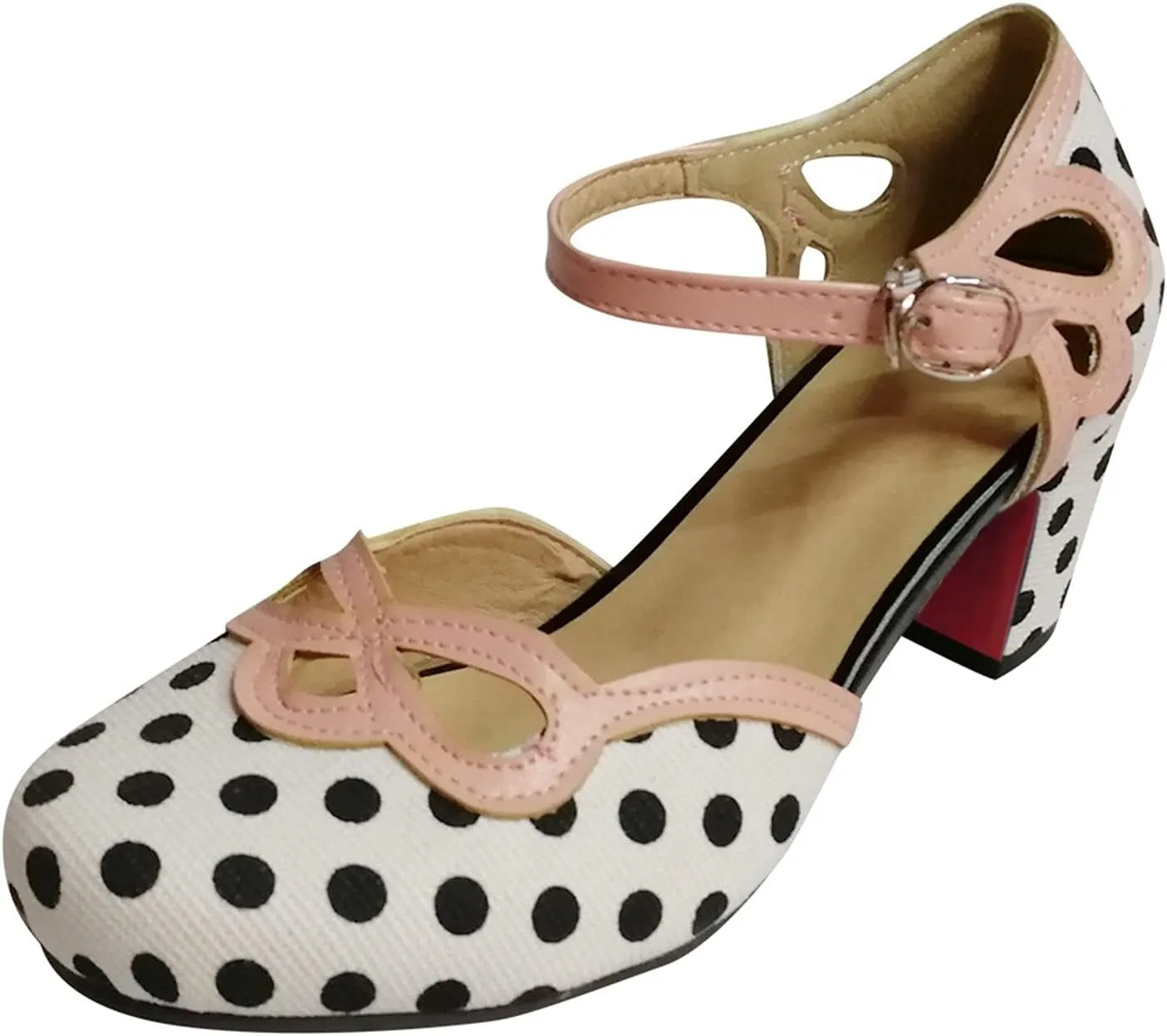 Hbeylia Women's Pump Ballet Flats Vintage Dot Round Toe Chunky High Heels Ankle Strap Dressy Shoes For Women Ladies Dress Wedding Banquet Evening Party