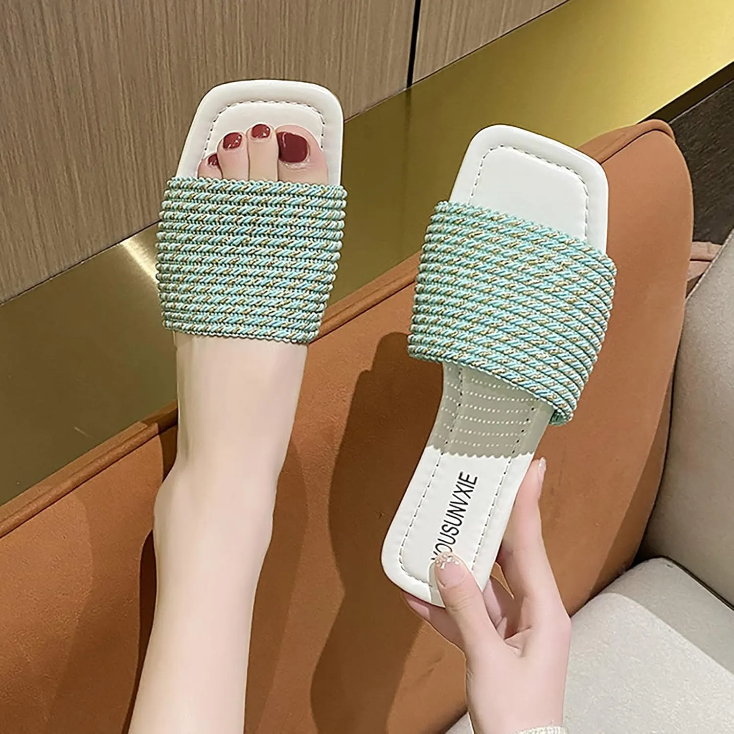 Hbeylia Women’s Slip on Flip Flops Peep Toe Knitted Strap Square Toe Comfort Breathble Chunky Bottom Summer Sandals Fashion Footbed Backless Flat Boho Beach Flip Flops Thongs