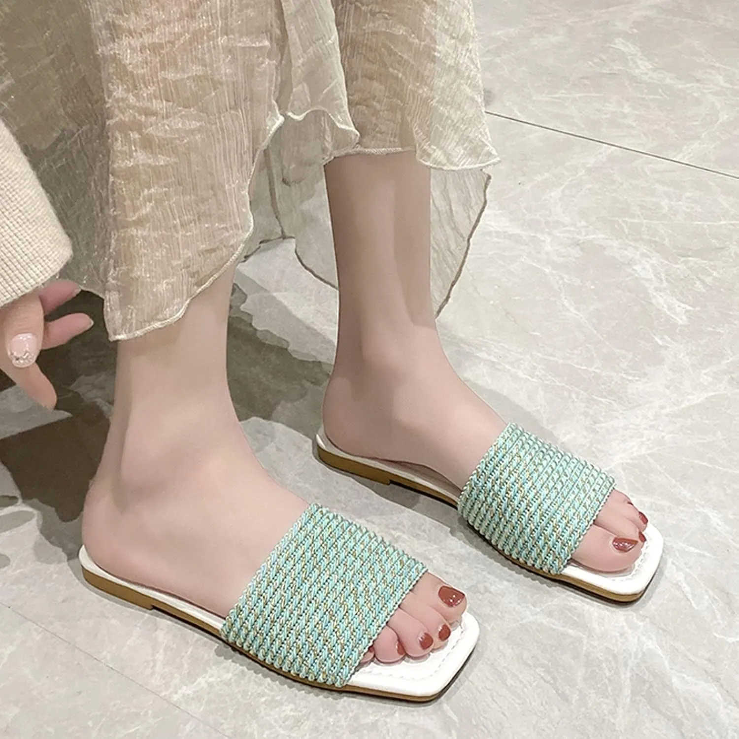 Hbeylia Women’s Slip on Flip Flops Peep Toe Knitted Strap Square Toe Comfort Breathble Chunky Bottom Summer Sandals Fashion Footbed Backless Flat Boho Beach Flip Flops Thongs