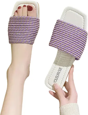 Hbeylia Women’s Slip on Flip Flops Peep Toe Knitted Strap Square Toe Comfort Breathble Chunky Bottom Summer Sandals Fashion Footbed Backless Flat Boho Beach Flip Flops Thongs