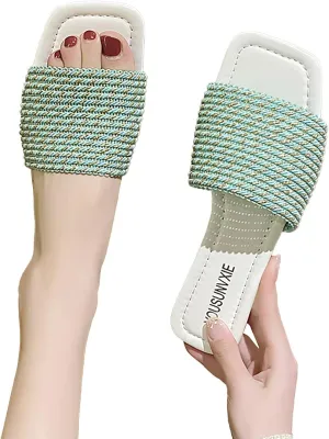 Hbeylia Women’s Slip on Flip Flops Peep Toe Knitted Strap Square Toe Comfort Breathble Chunky Bottom Summer Sandals Fashion Footbed Backless Flat Boho Beach Flip Flops Thongs