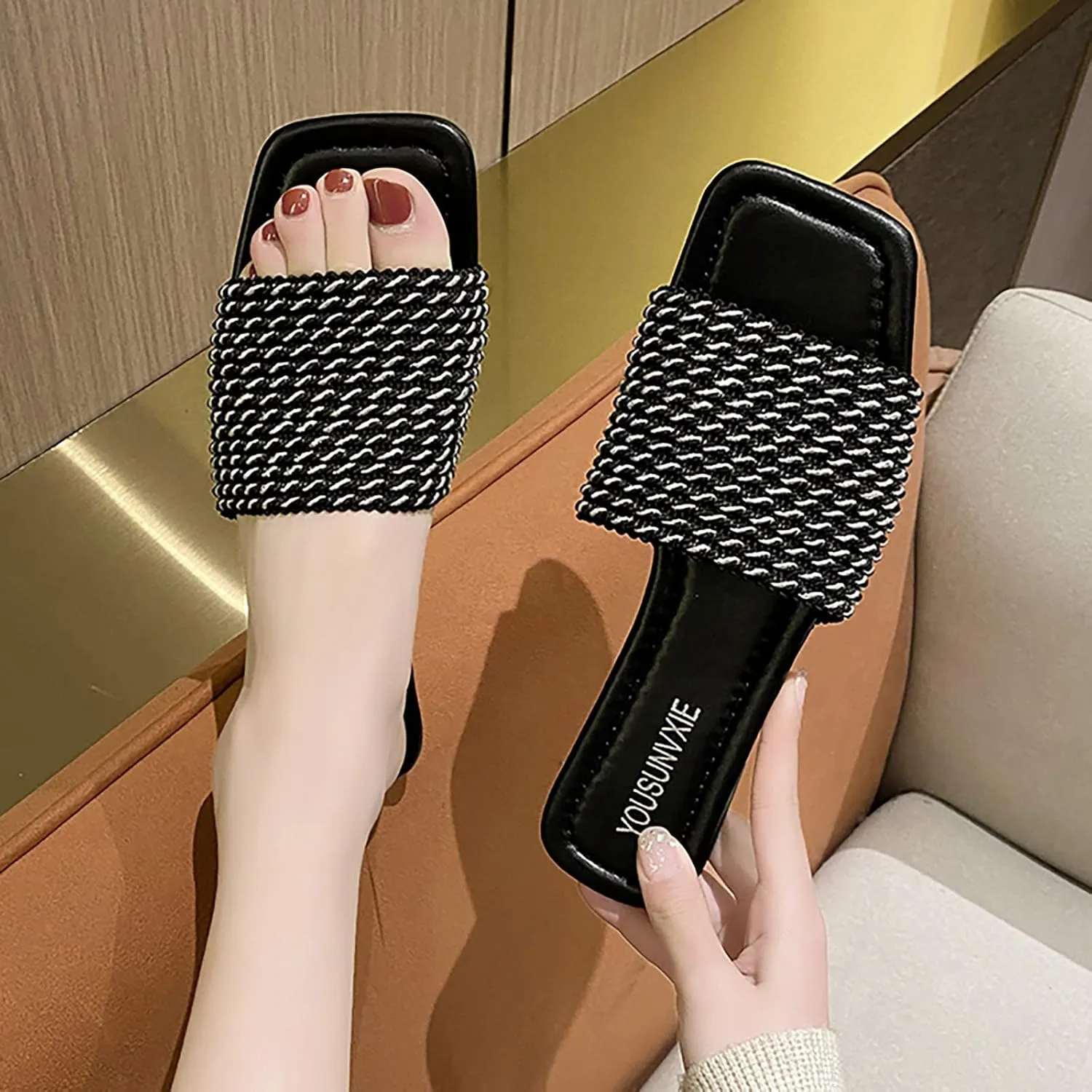 Hbeylia Women’s Slip on Flip Flops Peep Toe Knitted Strap Square Toe Comfort Breathble Chunky Bottom Summer Sandals Fashion Footbed Backless Flat Boho Beach Flip Flops Thongs