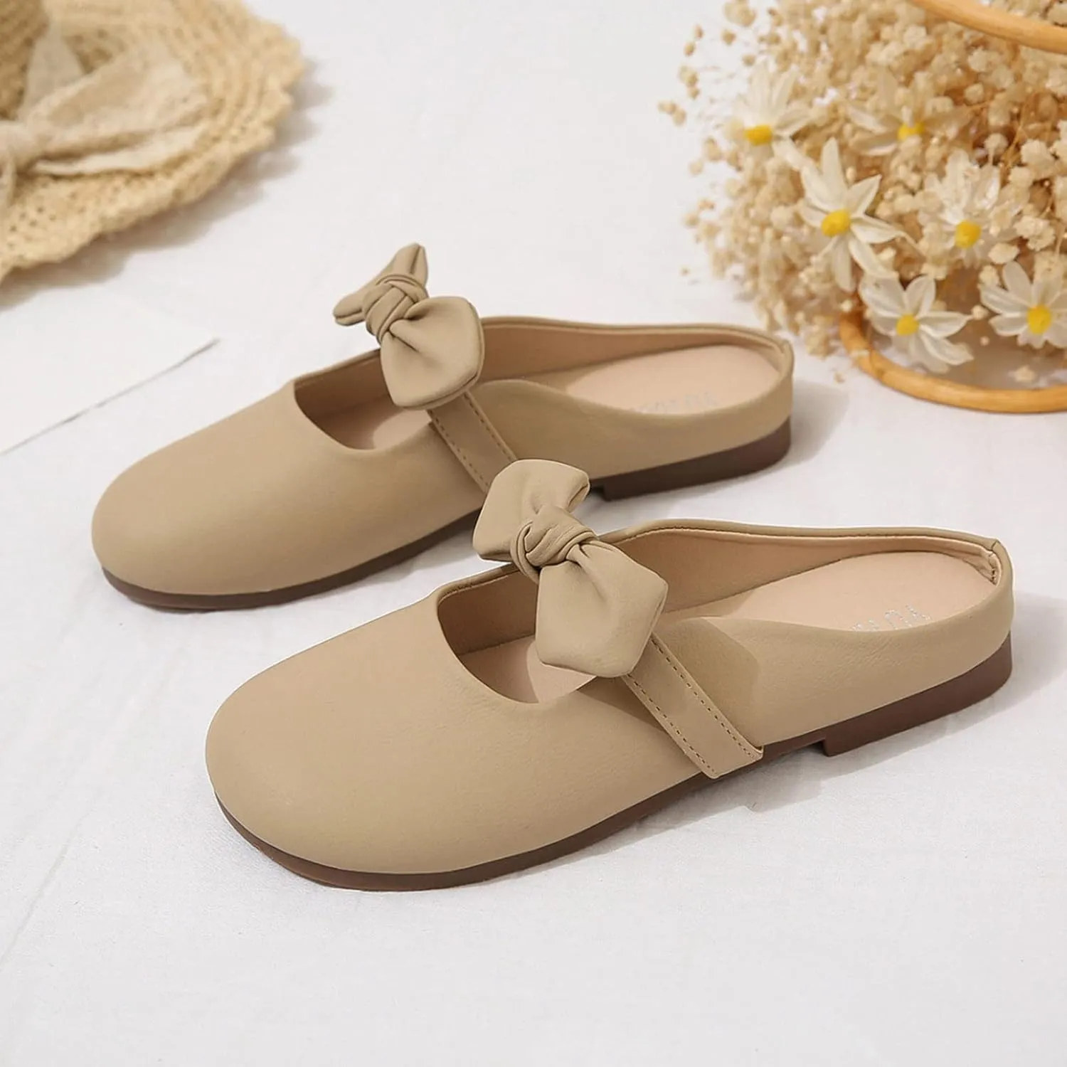 Hbeylia Women's Slip On Mules Loafers Fashion Bowknot Round Head Chunky Low Heels Shoes Comfortable Backless Casual Loafers Breathable Lightweight Non Slip Dress Ballet Flats Walking Shoes