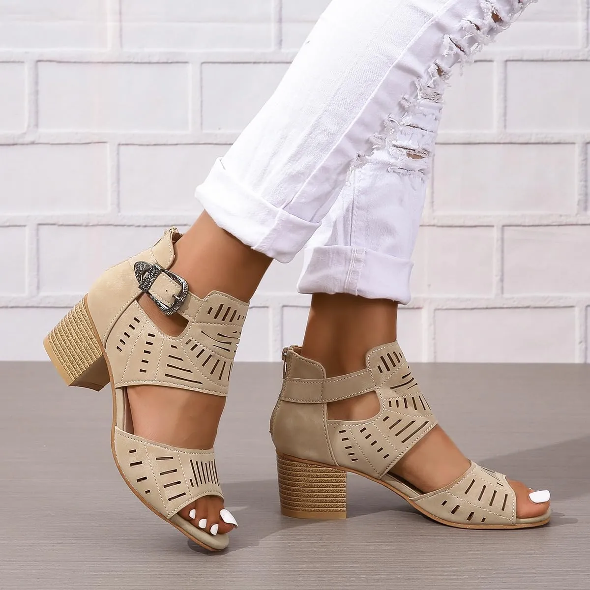 Heeled Sandals for Women Hollow Out Peep Toe Summer Chunky Stacked Heel Slingback Ankle Strap Booties, Comfortable Breathable Open Toe Heeled Mules Chunky Block Low Heel Slip On Slides