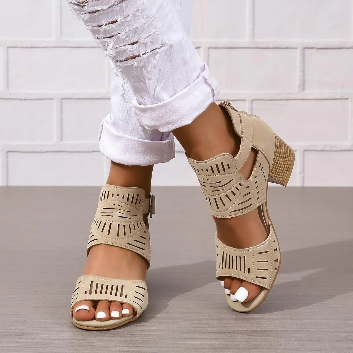 Heeled Sandals for Women Hollow Out Peep Toe Summer Chunky Stacked Heel Slingback Ankle Strap Booties, Comfortable Breathable Open Toe Heeled Mules Chunky Block Low Heel Slip On Slides