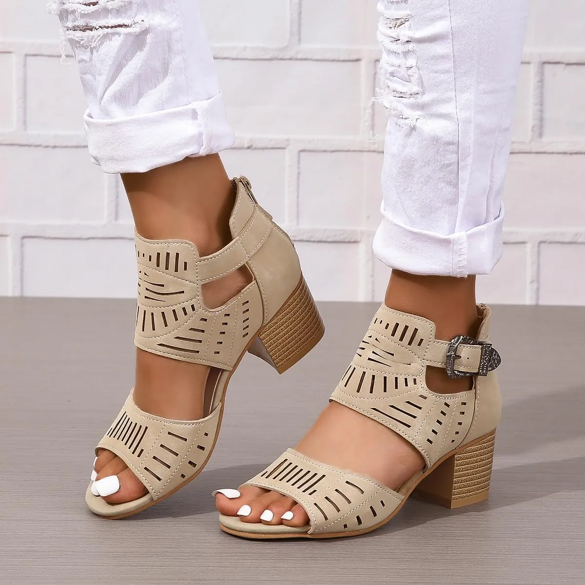 Heeled Sandals for Women Hollow Out Peep Toe Summer Chunky Stacked Heel Slingback Ankle Strap Booties, Comfortable Breathable Open Toe Heeled Mules Chunky Block Low Heel Slip On Slides