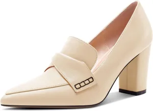 HEUIVZAR Womens Chunky Block Mid Heel Pumps Pointed Toe Slip-on Loafers Shoes Dress Office Casual 3.2 Inches Heels