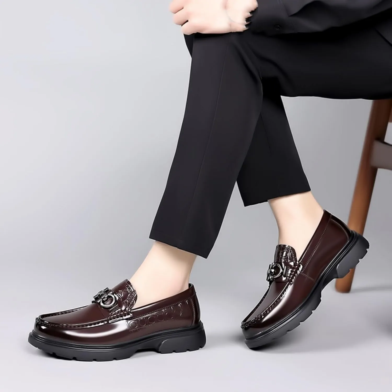 High - end Men's Chunky Platform Loafers, Comfy Slip - On Penny Loafers. Shiny Patent Leather Dressy Shoes for Work, School, Party with Buckle