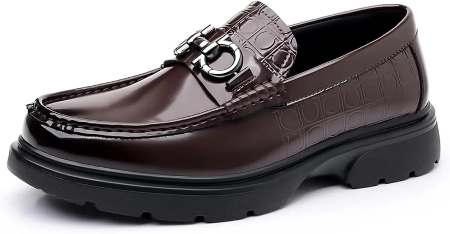 High - end Men's Chunky Platform Loafers, Comfy Slip - On Penny Loafers. Shiny Patent Leather Dressy Shoes for Work, School, Party with Buckle