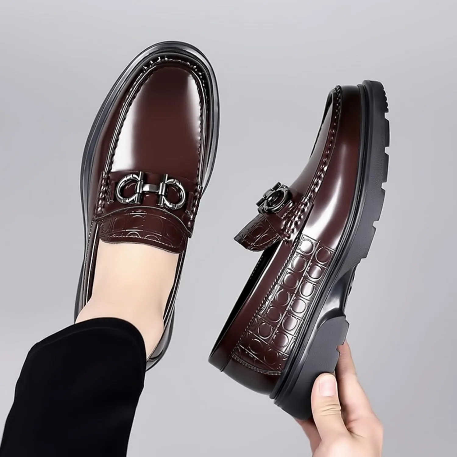 High - end Men's Chunky Platform Loafers, Comfy Slip - On Penny Loafers. Shiny Patent Leather Dressy Shoes for Work, School, Party with Buckle