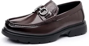 High - end Men's Chunky Platform Loafers, Comfy Slip - On Penny Loafers. Shiny Patent Leather Dressy Shoes for Work, School, Party with Buckle