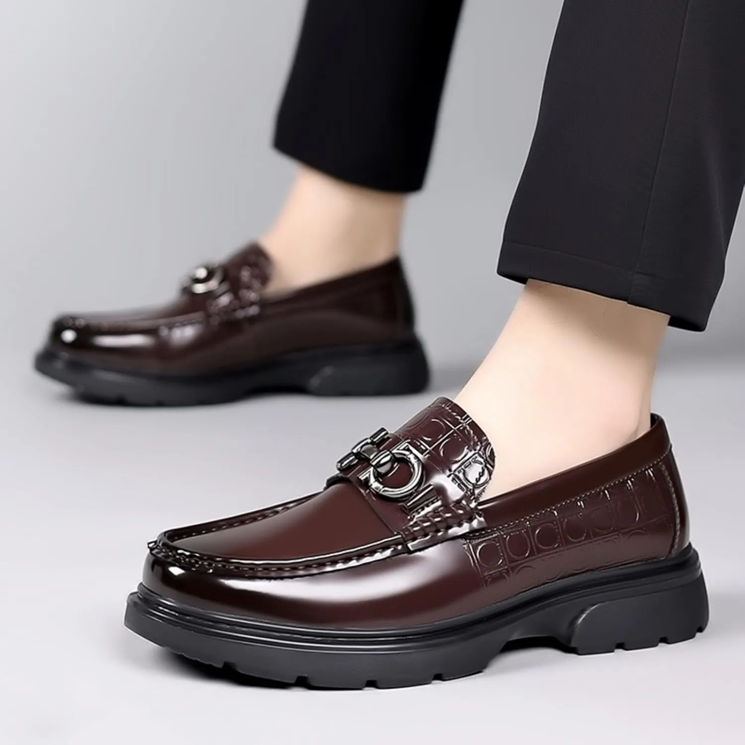 High - end Men's Chunky Platform Loafers, Comfy Slip - On Penny Loafers. Shiny Patent Leather Dressy Shoes for Work, School, Party with Buckle