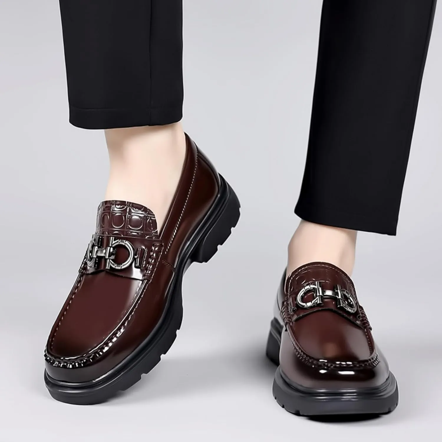 High - end Men's Chunky Platform Loafers, Comfy Slip - On Penny Loafers. Shiny Patent Leather Dressy Shoes for Work, School, Party with Buckle