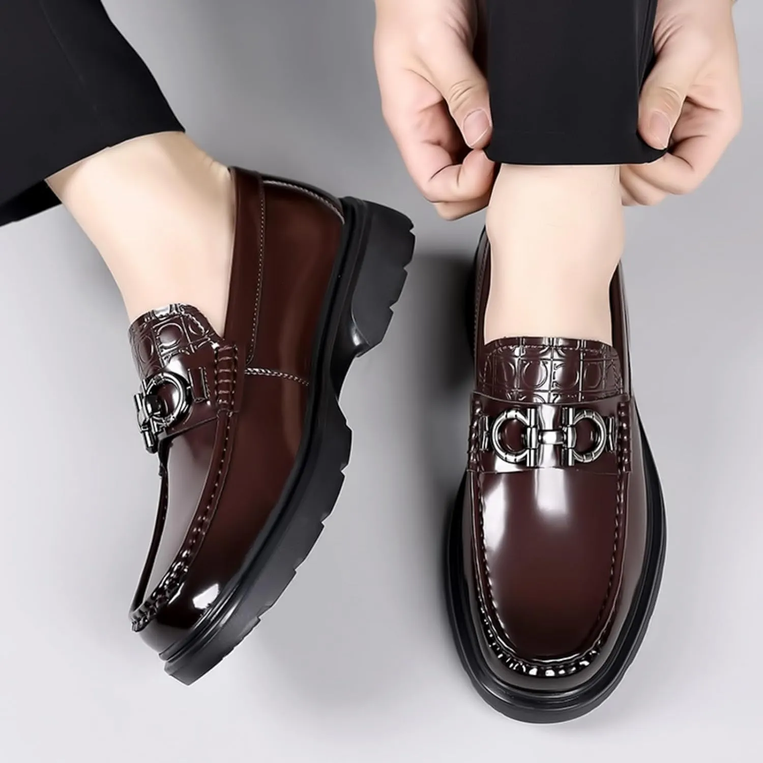 High - end Men's Chunky Platform Loafers, Comfy Slip - On Penny Loafers. Shiny Patent Leather Dressy Shoes for Work, School, Party with Buckle