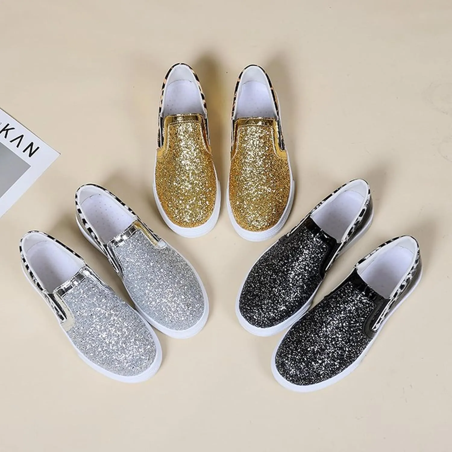 HINDOLA Women's Rhinestone Sneaker Glitter Fashion Platform Slip On Sparkle Bling Flat Loafers Casual Non-Slip Walking Dress Shiny Sequin Shoes Silver